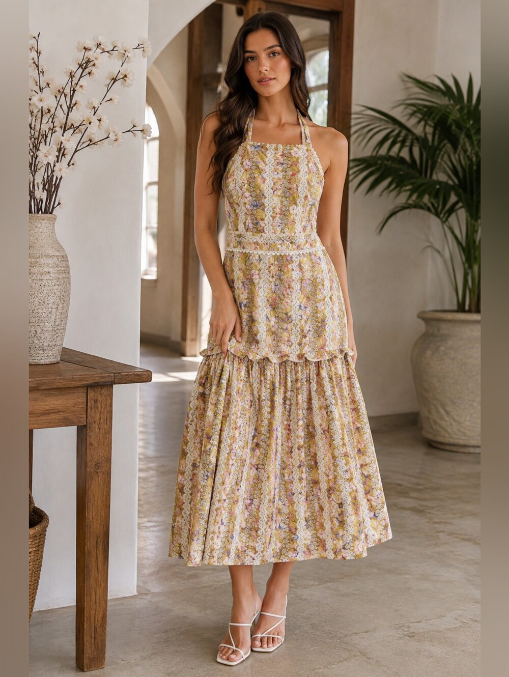 Just Me Floral Halter Tie Midi Dress Size M NWOT
